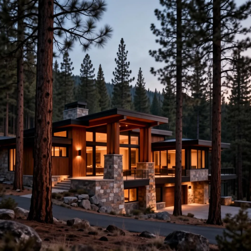 Luxury Oregon mountain home at dusk among ponderosa pines