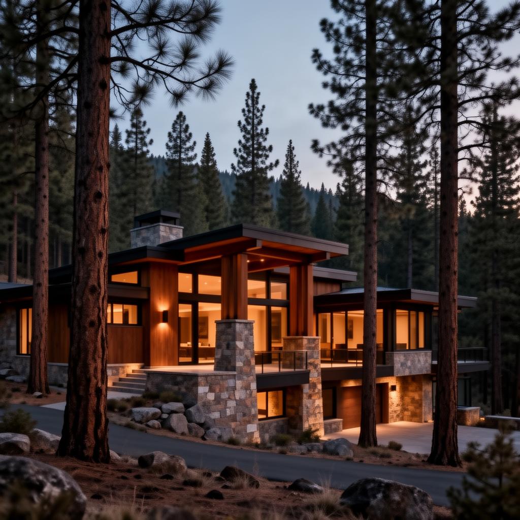 Luxury Oregon mountain home at dusk among ponderosa pines
