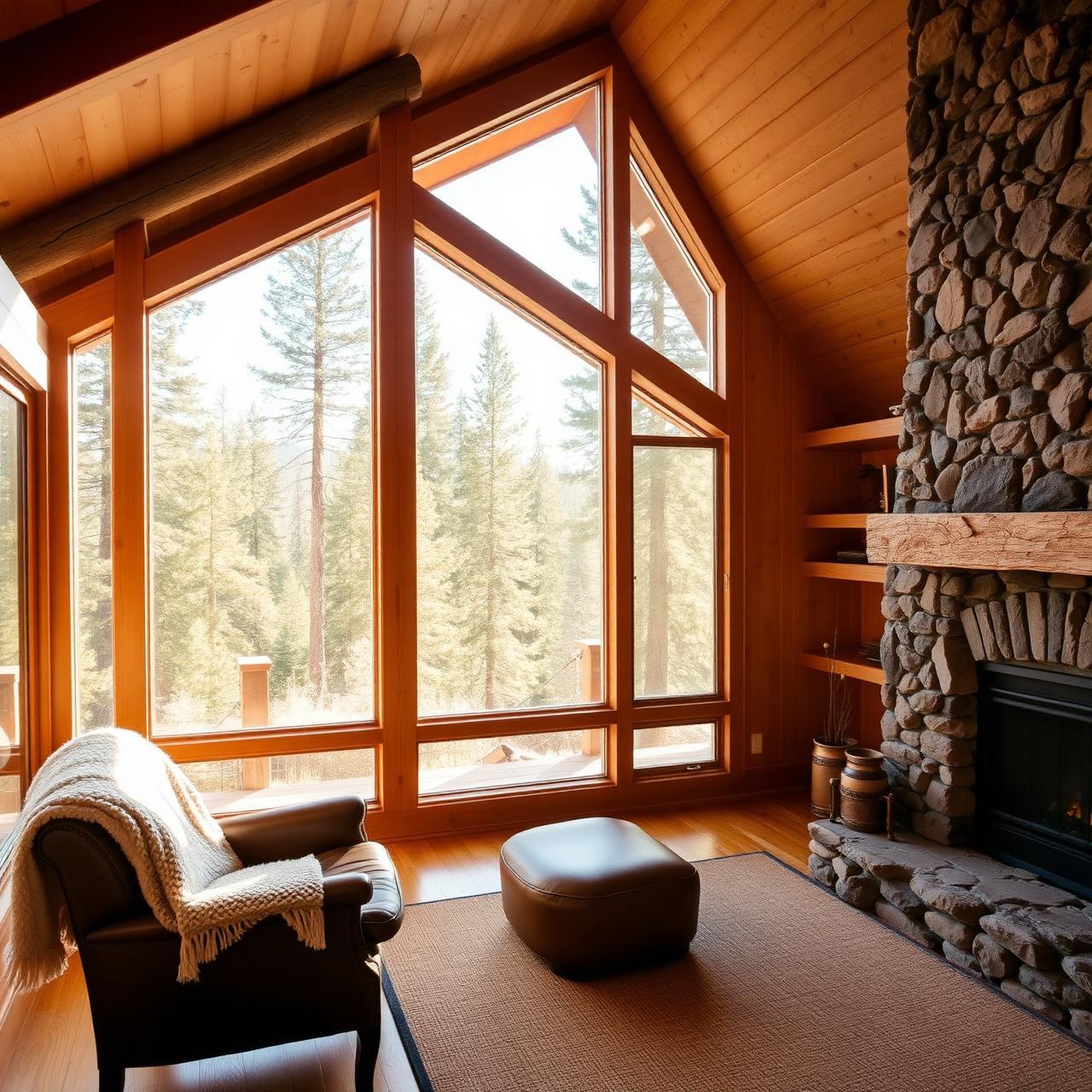 Cabin interior with wood tones and Cascade pine views