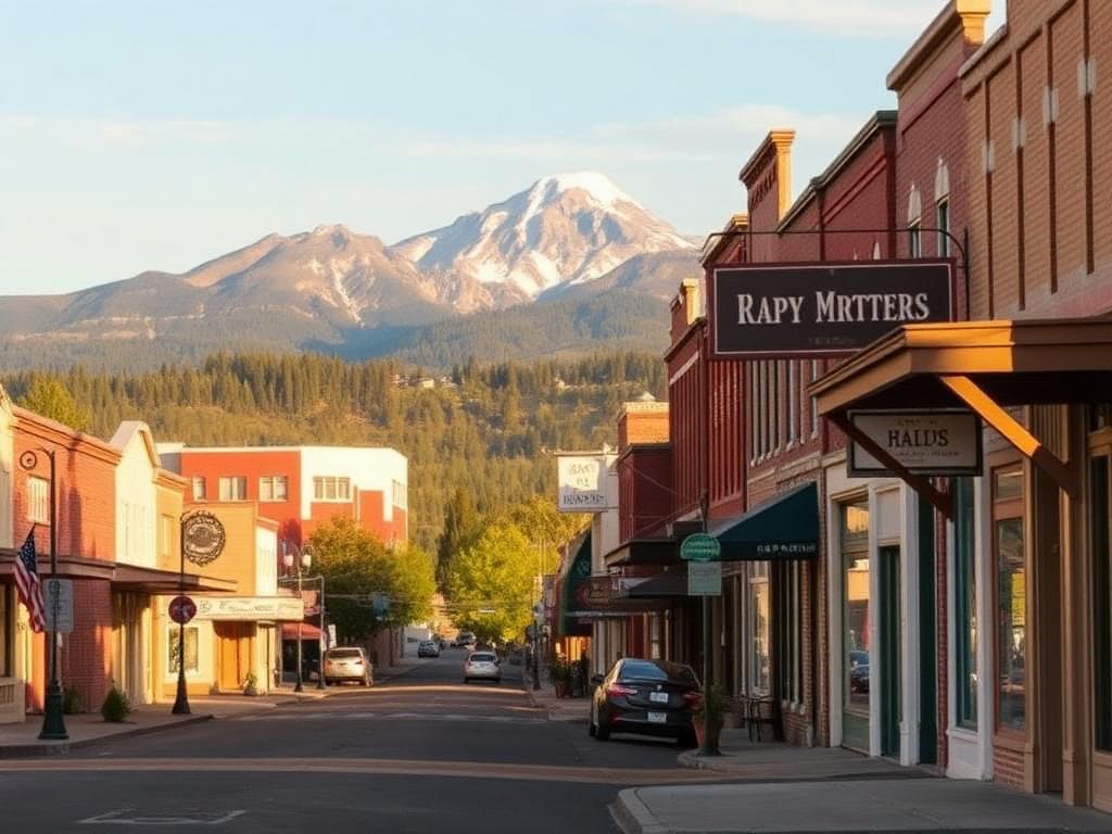 Charming western-style street in Sisters, Oregon with Three Sisters peaks in the distance